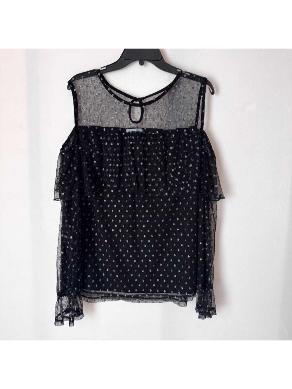 Boutique Women Black Sheer Metallic Dot Cold Shoulder Blouse Size 2X